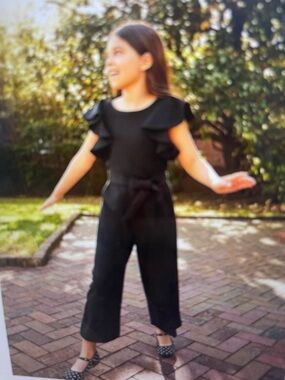 Girls' Black Ruffle Sleeve Jumpsuit with Tie Waist and pockets